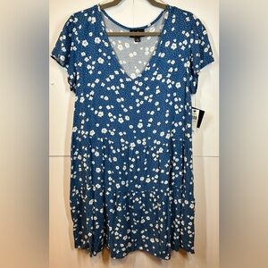 by & by Blue Floral Babydoll V-neck Tiered Mini Dress Size XL